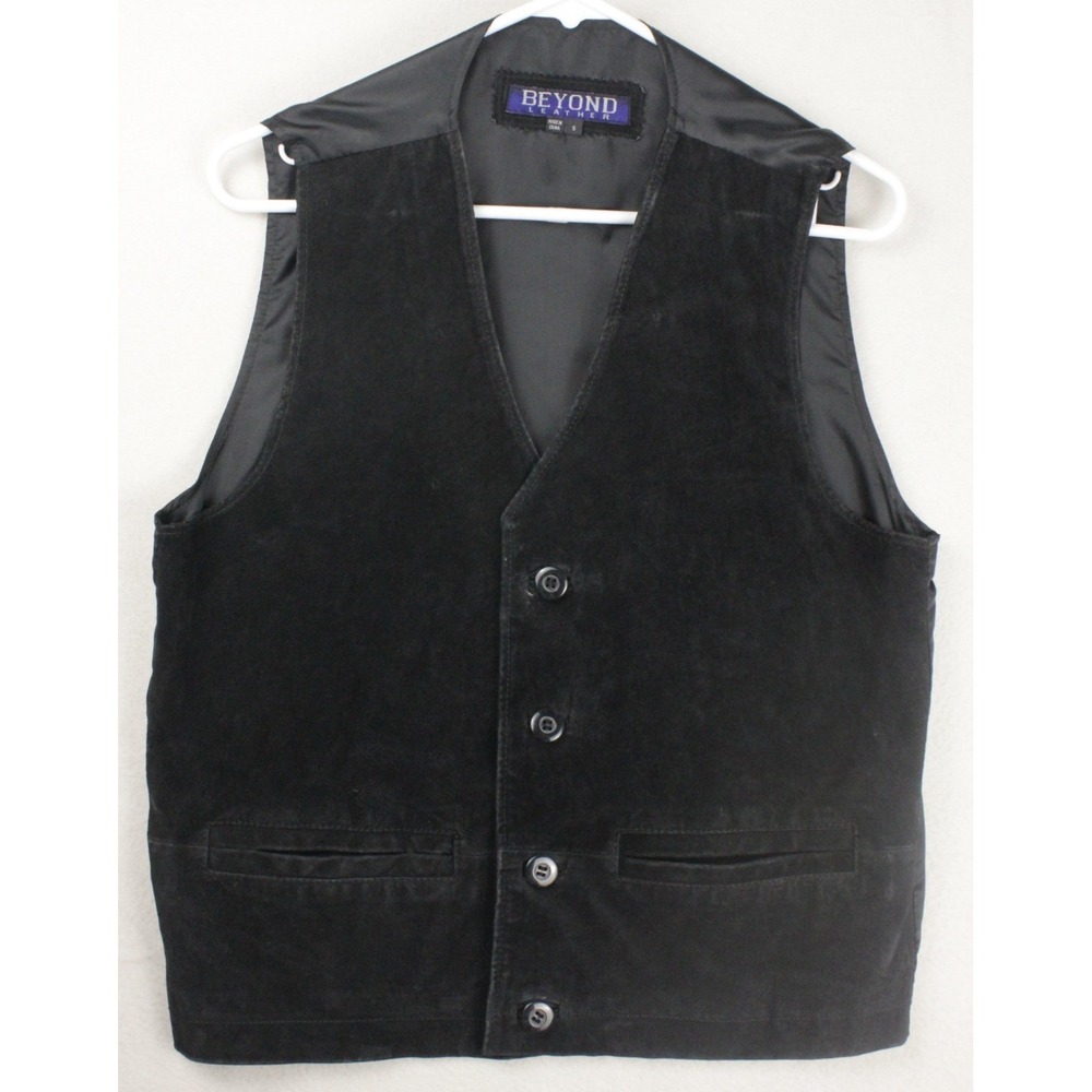 Beyond Leather Mens S Black Suede Leather Vest Button Front Vintage 90s